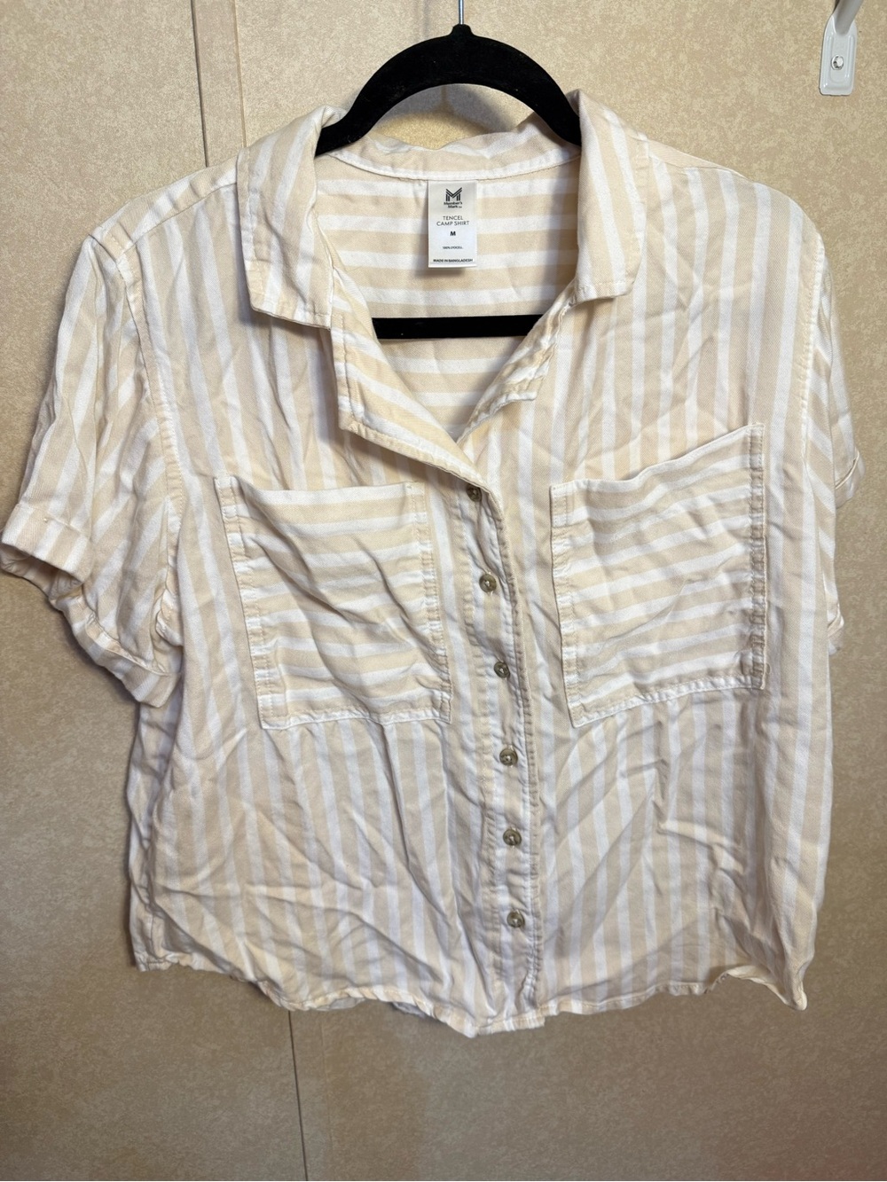 Member's Mark Women's Beige/White Striped Woven Lyocell Camp Shirt Button-Up M
